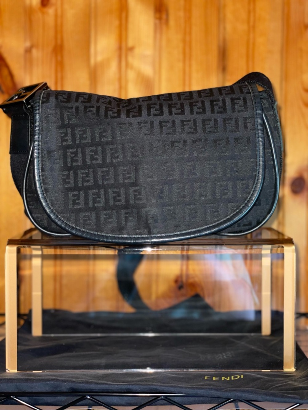 Fendi Black Zucca FF Monogram Flap Crossbody Bag with Dusty